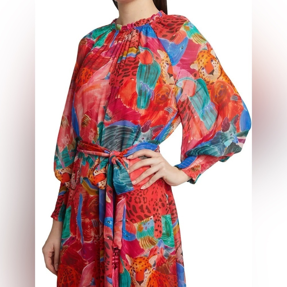 NWOT Farm Rio Animal Collage print belted long sleeves high neck Maxi Dress sz M - Picture 2 of 8